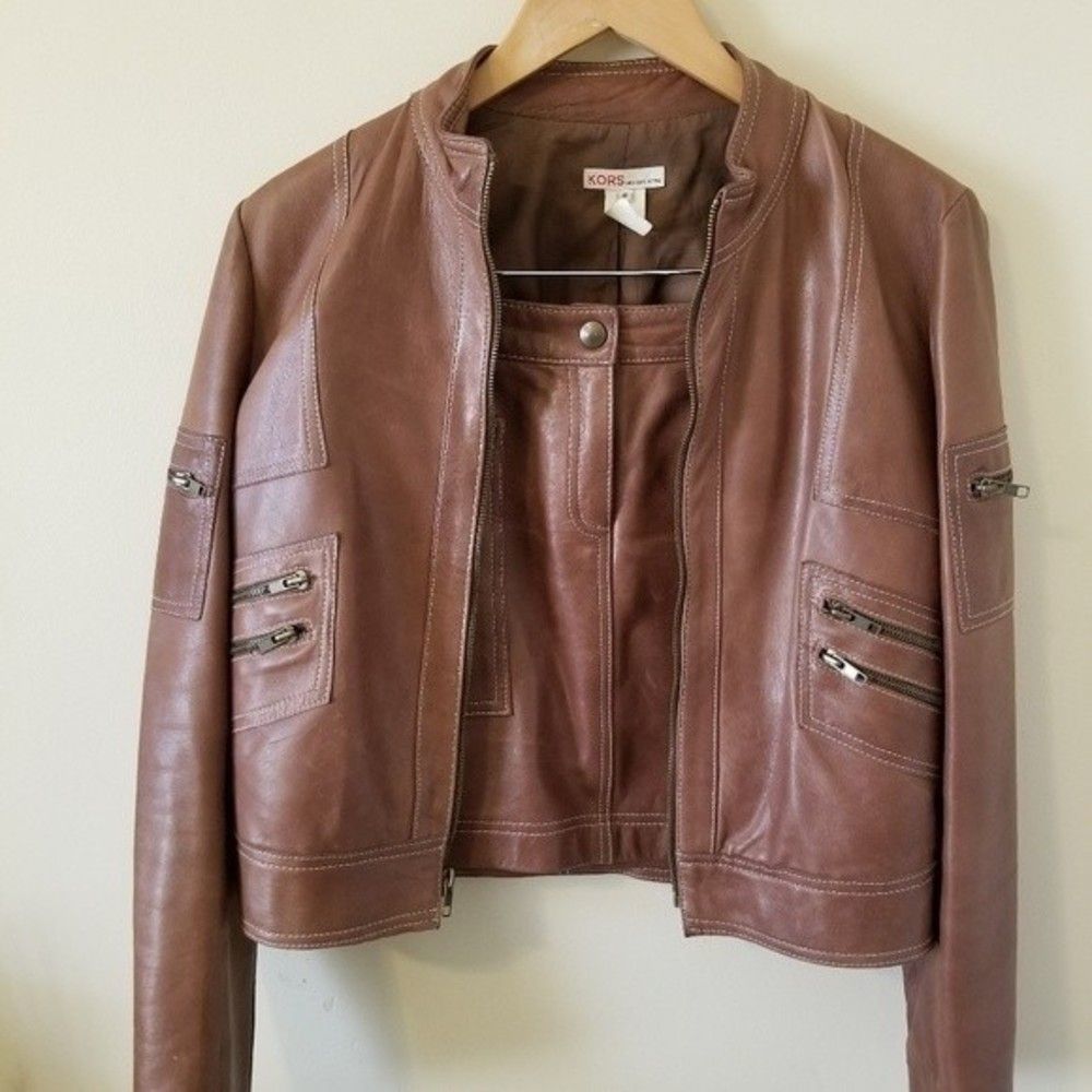 KORS Michael Kors Vintage Cropped Leather Authentic 1990 Moto Jacket & Skirt
